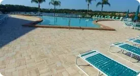 Lakefront pool deck with loungers