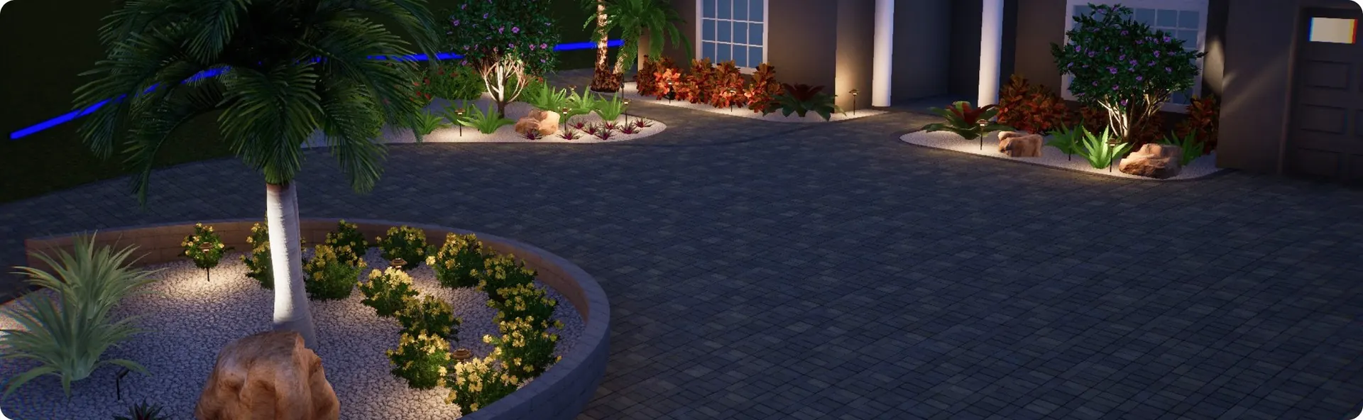 Dark paver driveway with landscape lighting at night