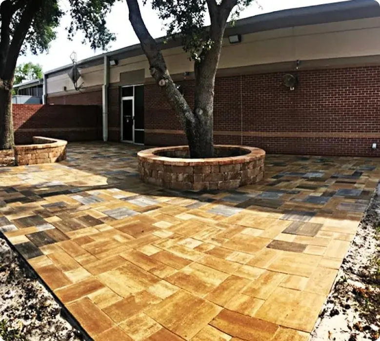 Paver patio laid around a mature tree