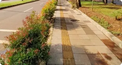 Paver sidewalk along a landscaped street